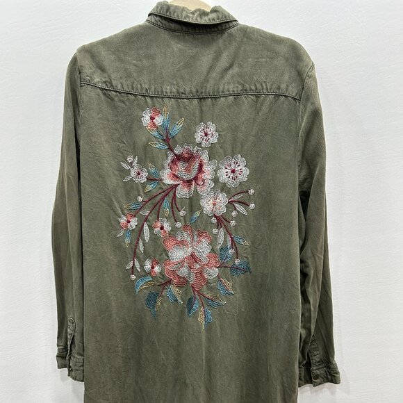 New Look Dresses & Skirts - New Look Olive Green Embroidered Floral Midi Button Front Boho Shirt Dress Sz 16